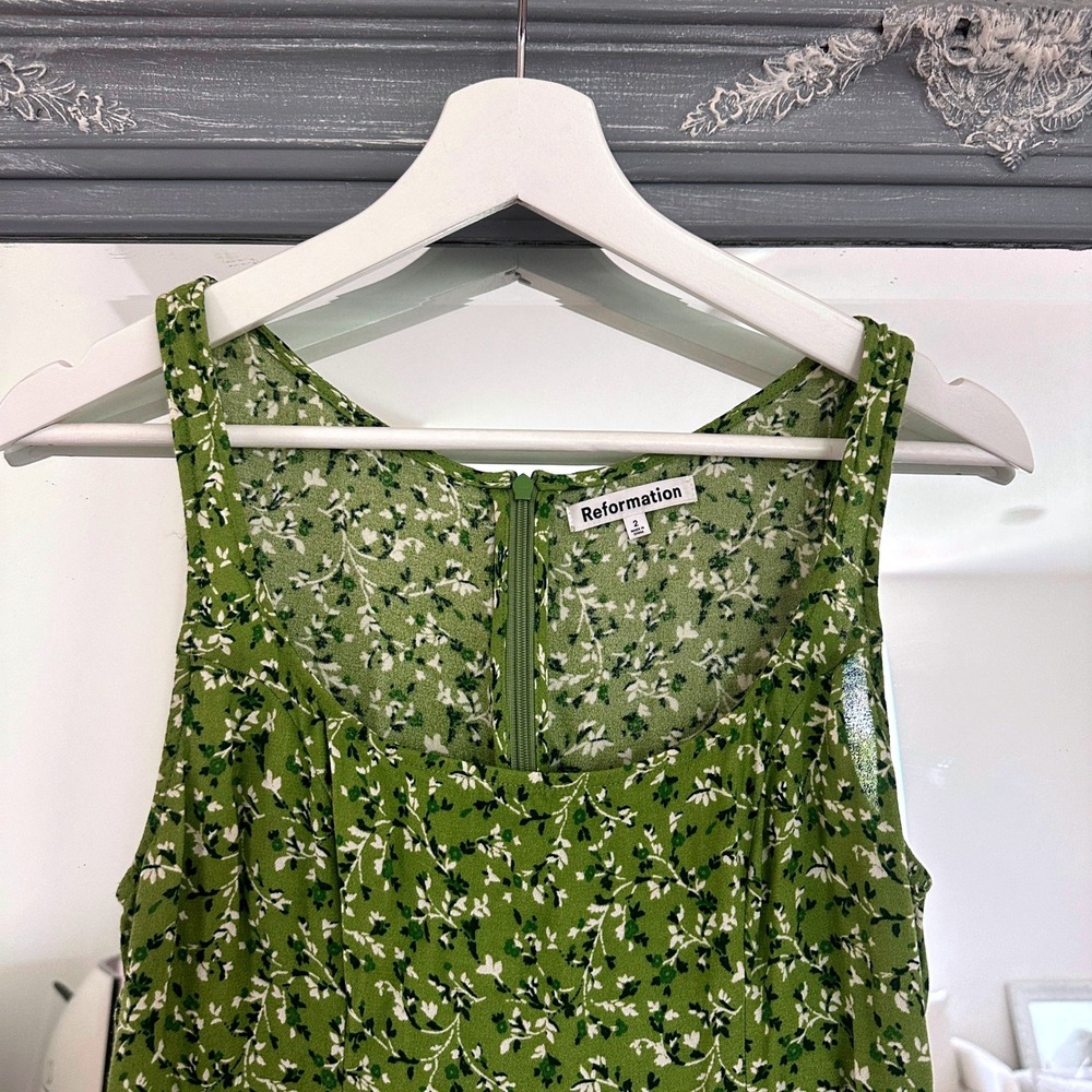 Reformation Noha Mini Dress Green Floral Square Neck Sleeveless Front Slit 2 - Picture 6 of 12